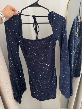Lucy in the Sky Navy Long-Sleeve Square Neck Dress with Gold Dots